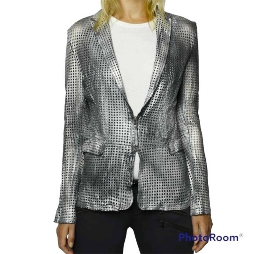 Bano eeMee Jacket Perforated Leather Silver Gray Burnout Lasercut 6 Glam Rock